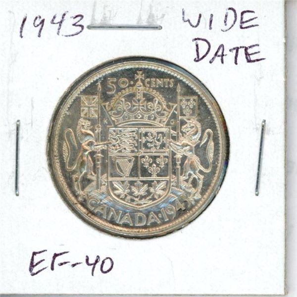1943 Wide Date Canadian Silver 50 Cents. EF-40. Nice.