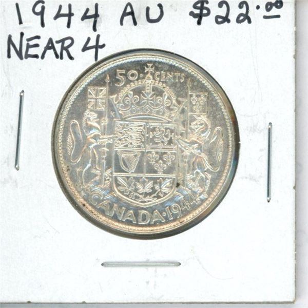 1944 Near 4 Canadian Silver 50 Cents. AU-50. Nice.