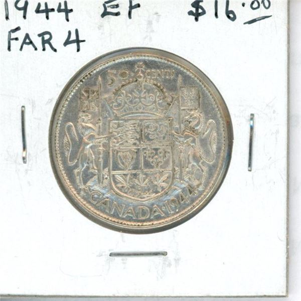 1944 Far 4 Canadian Silver 50 Cents. EF-40. Nice.