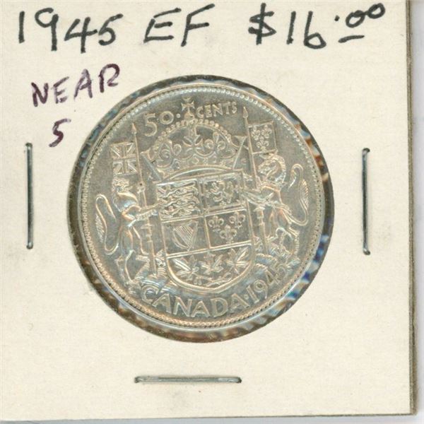 1945 Near 5 Canadian Silver 50 Cents. Last year of World War II. EF-40. Nice.