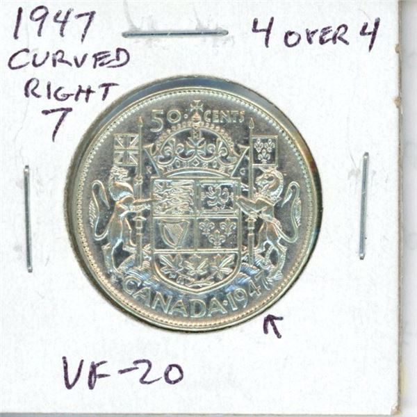 1947 Curved Right 7 4/4 Canadian Silver 50 Cents. 4 Over 4 variety. Scarce. VF-20.