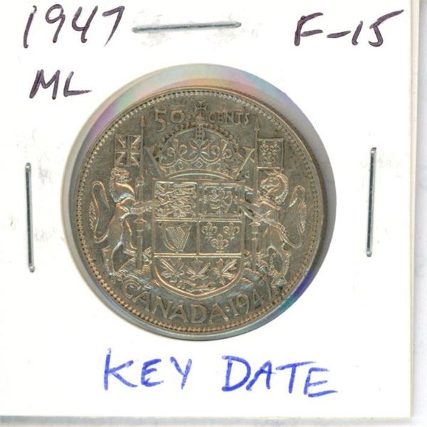 1947 Maple Leaf Canadian Silver 50 Cents. Key Date. Mintage of 38,433. F-15.