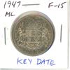 1947 Maple Leaf Canadian Silver 50 Cents. Key Date. Mintage of 38,433. F-15.