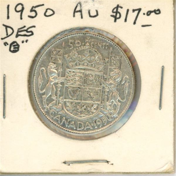 1950 Design in Zero Canadian Silver 50 Cents. AU-50. Nice.