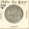 1950 Design in Zero Canadian Silver 50 Cents. AU-50. Nice.