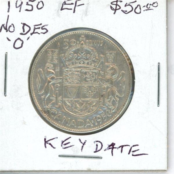 1950 No Design in Zero Canadian Silver 50 Cents. Key Date. EF-40.