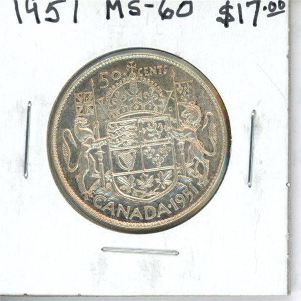 1951 Canadian Silver 50 Cents. MS-60. Nice.