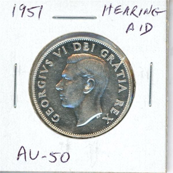 1951 Hearing Aid Canadian Silver 50 Cents. Hearing Aid in king’s ear the result of a Die Clash. AU-5