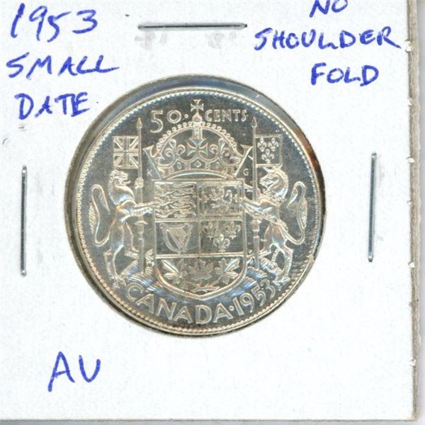 1953 Small Date No Shoulder Fold Canadian Silver 50 Cents. AU-50. Nice.