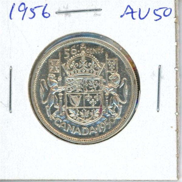 1956 Canadian Silver 50 Cents. AU-50. Nice.