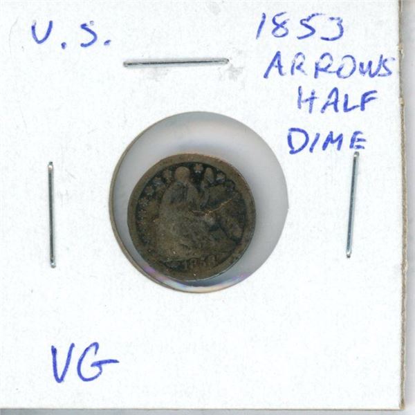 U.S. 1853 Arrows at Date Silver Half Dime. VG-8.