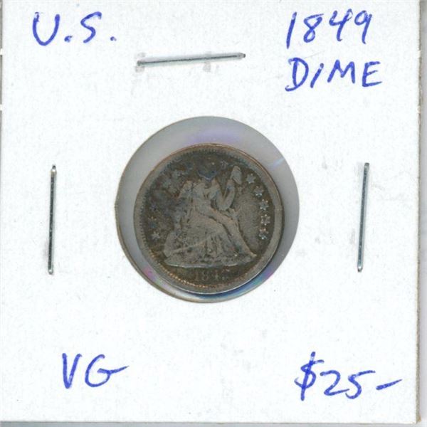 U.S. 1849 Liberty Seated Silver Dime. VG-8.