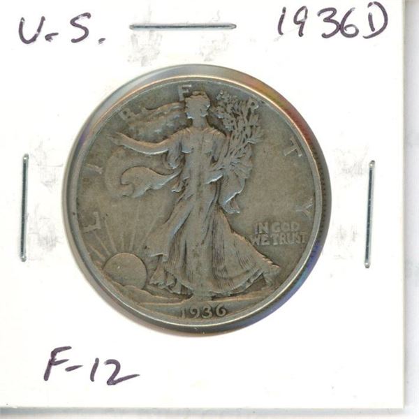 U.S. 1936D Walking Liberty Silver Half Dollar. Denver Mint. F-12.