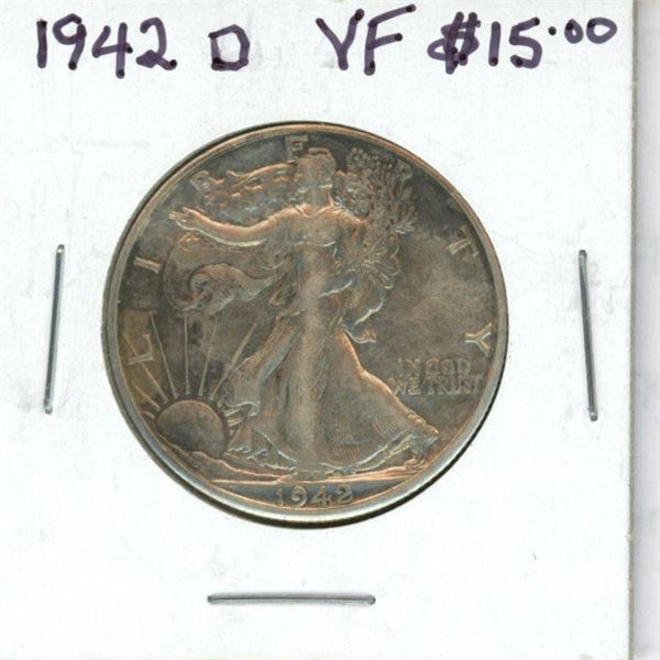 U.S. 1942D Walking Liberty Silver Half Dollar. Denver Mint. VF-20.