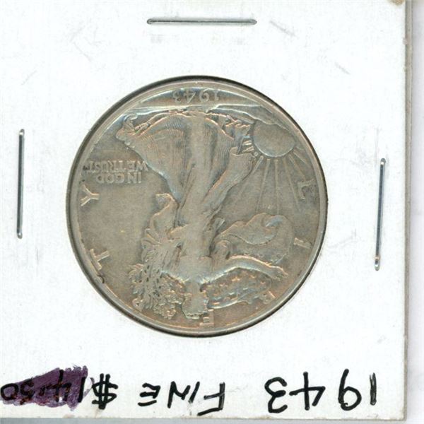 U.S. 1943 Walking Liberty Silver Half Dollar. Philadelphia Mint. F-12 or better.