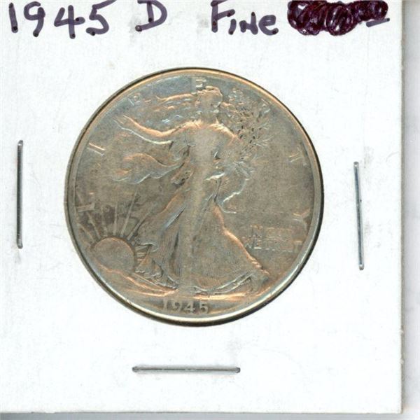 U.S. 1945D Walking Liberty Silver Half Dollar. Denver Mint. F-12 or better.
