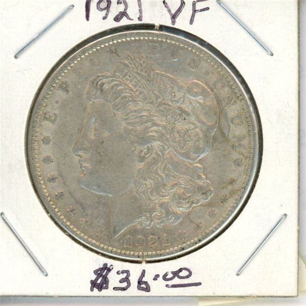 U.S. 1921 Morgan Silver Dollar. Philadelphia Mint. 100 Year Old Coin. VF-20 or better.