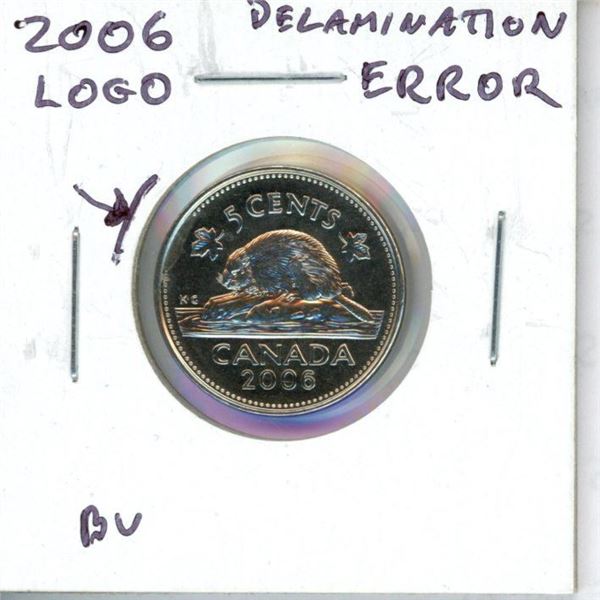 Canada 2006 Logo Nickel 5 Cents Delamination Error on Reverse. A significant piece of the coin has f