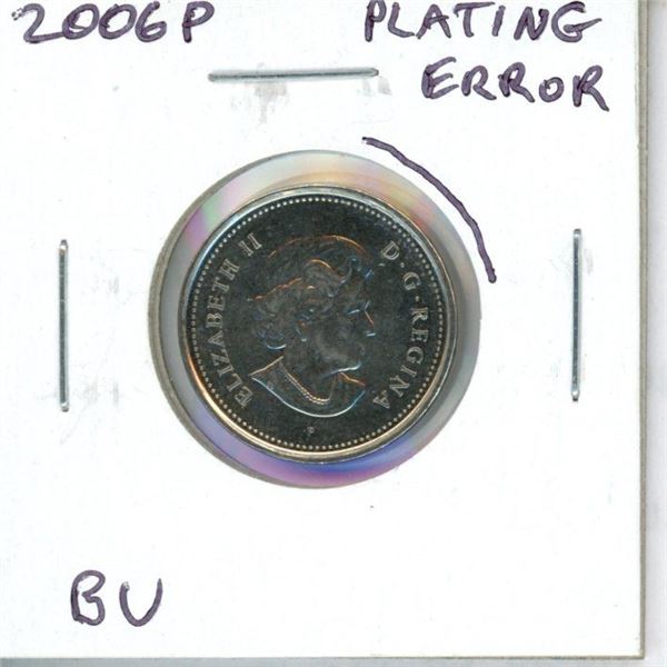 Canada 2006P Nickel 5 Cents Obverse Plating Error. Neat Error. BU.