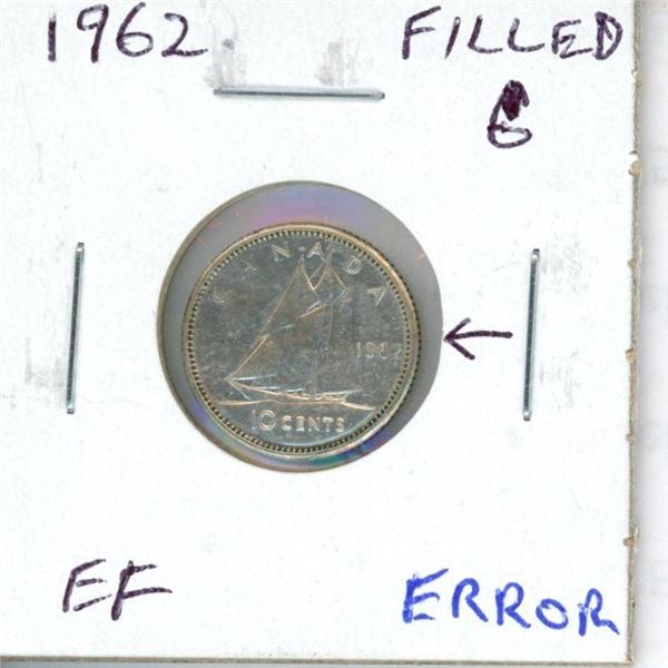 Canada 1962 Silver 10 Cents Error. The 6 in the date is filled. Scarce. EF.