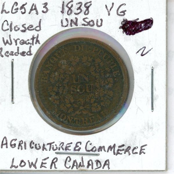 Lower Canada pre-Confederation Token. Banque du Peuple Montreal un Sou. Agriculture & Commerce Bas C