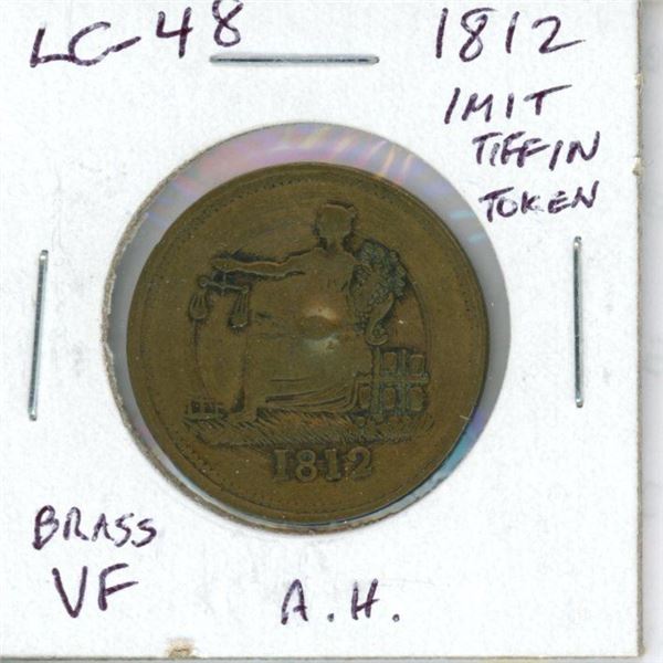 Lower Canada pre-Confederation Token. 1812 Imitation Tiffin Token. LC-48. Brass. VF. Someone hit it 