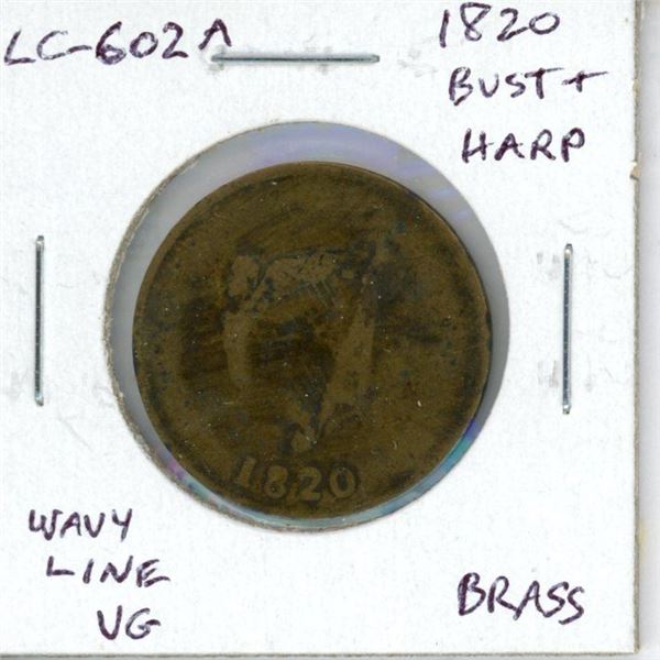 Lower Canada pre-Confederation Token. 1820 Bust & Harp Half Penny. LC-602A. VG. Brass.