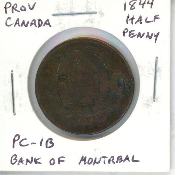 Province of Canada. 1844 Half Penny. Bank of Montreal. PC-1B. Holed.
