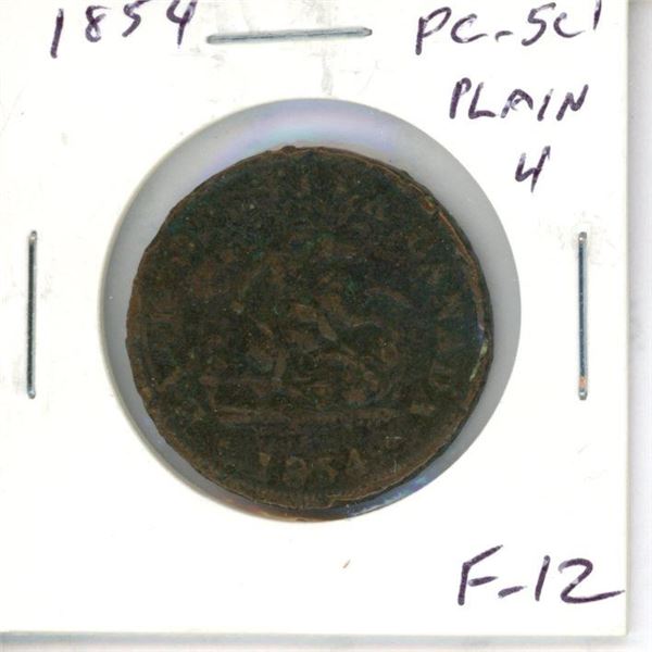 Province of Canada. 1854 Half Penny. Plain 4. PC-5C1. F-12.