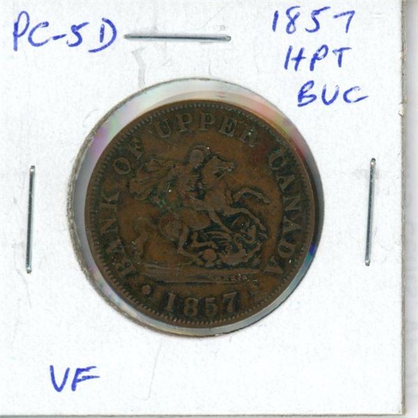 Province of Canada. 1857 Half Penny Token. Bank of Upper Canada. St. George slaying a dragon. VF-20.