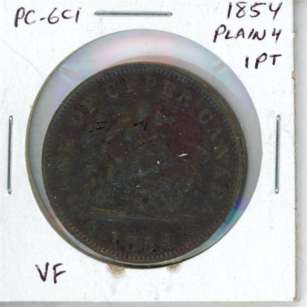 Province of Canada. 1854 Plain 4 One Penny Token. Bank of Upper Canada. St. George slaying a dragon.
