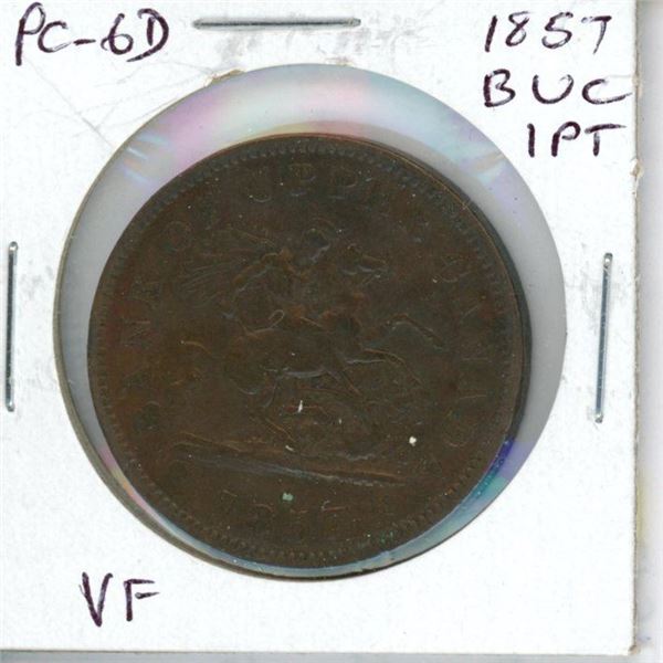 Province of Canada. 1857 One Penny Token. Bank of Upper Canada. St. George slaying a dragon. PC-6D. 