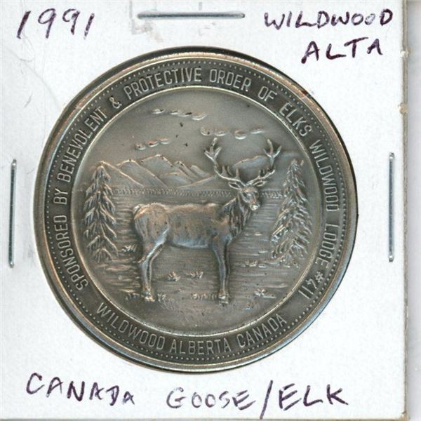Wildwood, Alberta 1991 Trade Dollar. Elk/Canada Goose. BU.