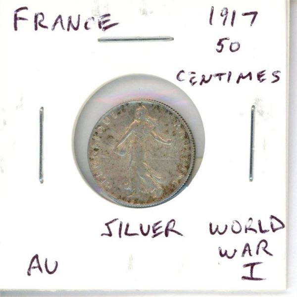 France. 1917 50 Centimes. World War I Silver coin. AU.