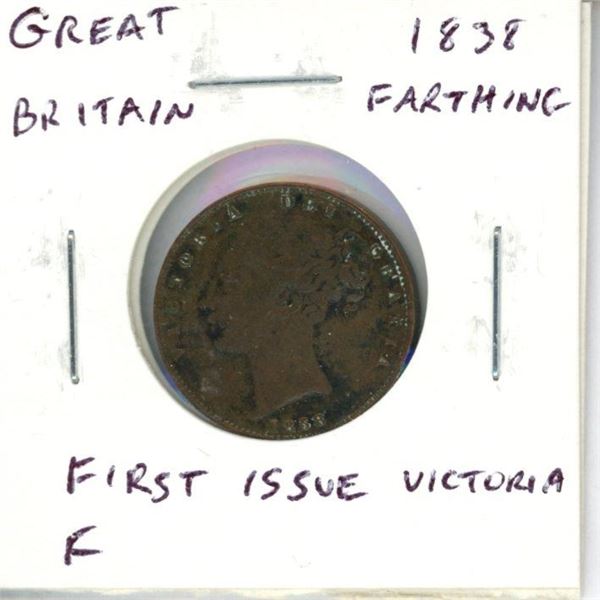 Great Britain. 1838 Farthing. First issue for Queen Victoria. Fine.