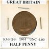 Great Britain. 1944 Half Penny. World War II issue Unc Red/Brown.