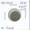 Great Britain. 1834 silver Groat (4 pence). About good.