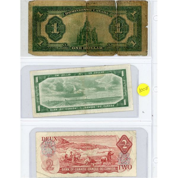 Canadian One and Two Dollar Bank Notes  1923, 1954, and 1974