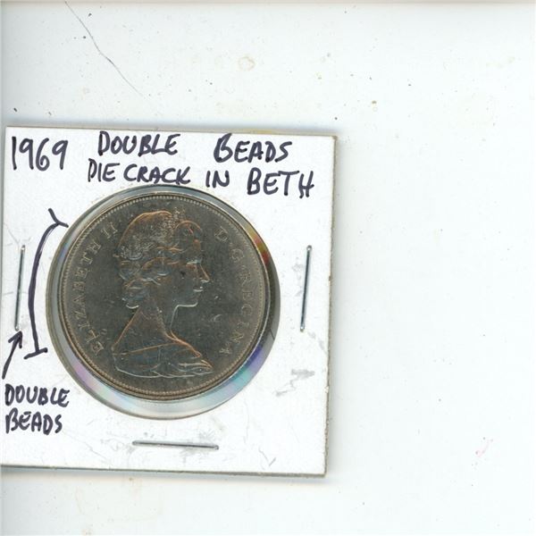 1969 Canadian Silver Dollar Double Beads and Die Crack in Beth