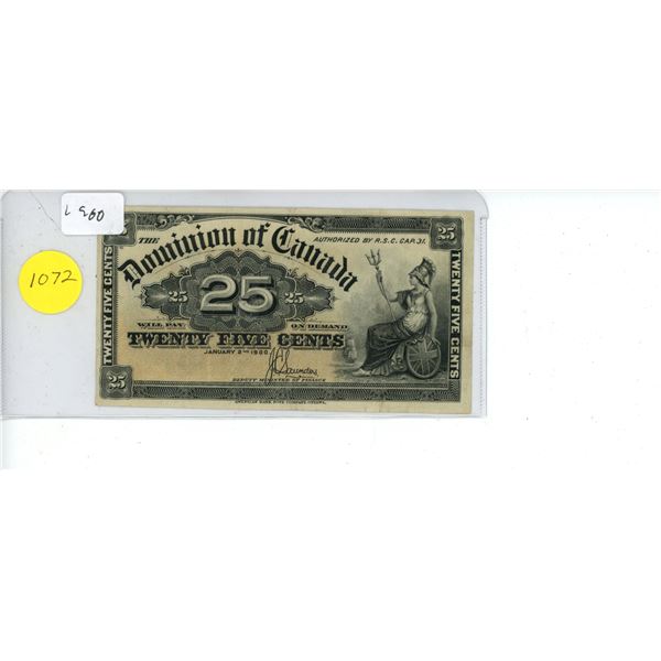 1900 Canadian Twenty Five Cent Bank Note