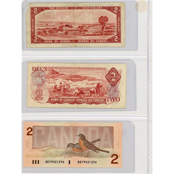 3 Canadian 2 Dollar Bank Notes  1954, 1974, 1986