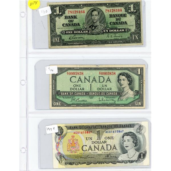 3 Canadian One Dollar Bank Notes 1937, 1954, and 1973