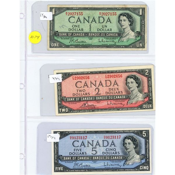 3 1954 Canadian Bank Notes, One, Two And Five Dollar
