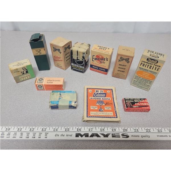 Assorted vintage cardboard boxes