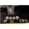 Image 1 : Ornate Antique Picture Frame, Misc. Foreign Coins, Pins and Charms