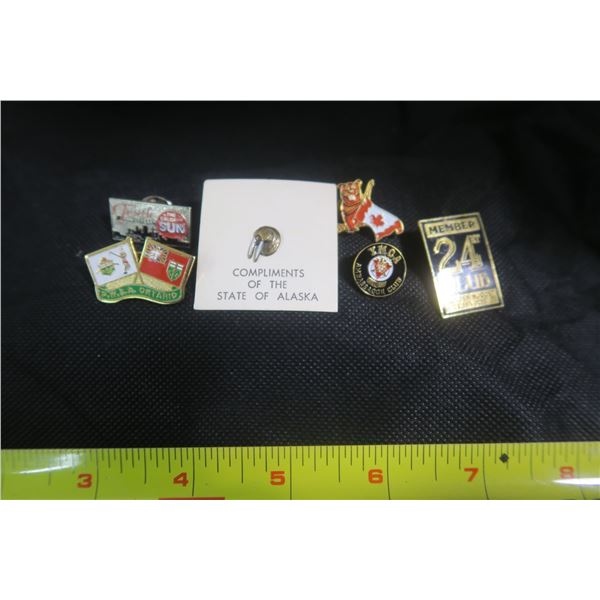 Various Pins Alaska, Ontario Etc.