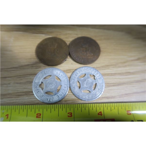 2 Elizibeth II Coronata Coins and 2 Battleford Tokens