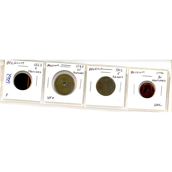 4 Belguim Coins From 1863-1970