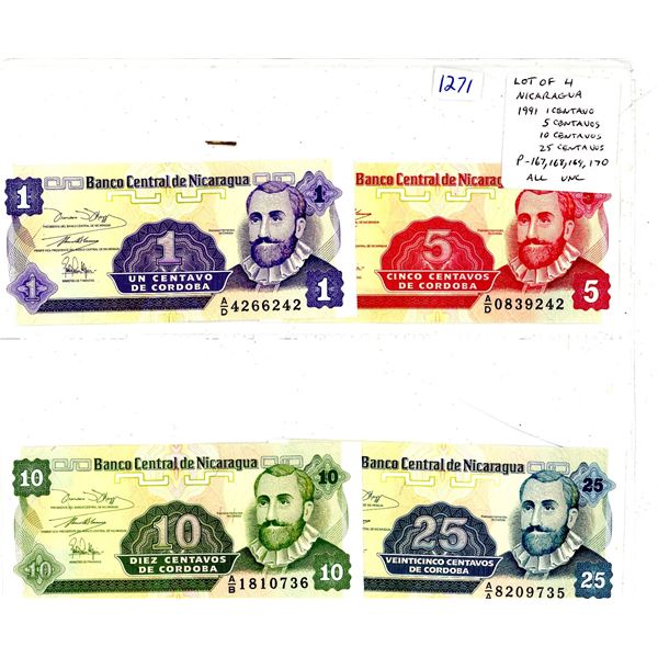 Lot of 4 Nicaragua Notes, 1991 1 Centau 5 Centauos, 10 Centauos, and 25 Centauos
