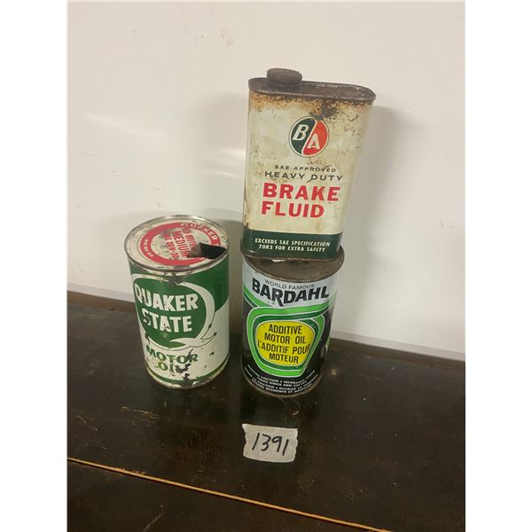 3 Poil Tins B/A Brake Fluid - Full, Bardahl - Full, Quaker State - Empty